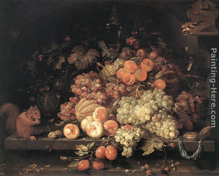 Abraham Mignon Fruit Still-Life with Squirrel and Goldfinch